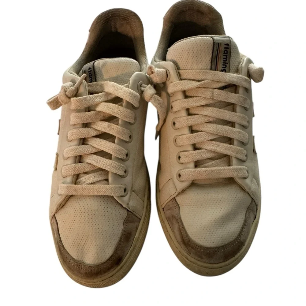 𝅺F- Flamingos Lite Coke White Vegan Distressed Initial Sneakers